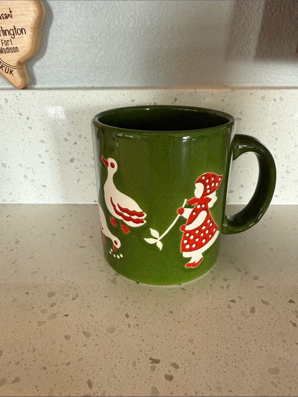 Vintage W. Germany Waechtersbach Green Ceramic Mug with Red Folk Art